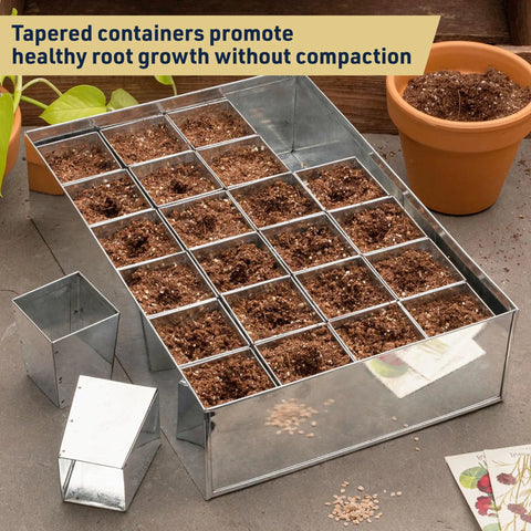 Galvanized Metal Seed Starter Tray With 24 Removable Pots, Germination Kit for indoor sprouting and greenhouse use next to pots.