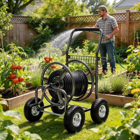 Garden Hose Reel Cart With 250 Ft Capacity, 10 Inch Pneumatic Tires, beside a man watering a garden.