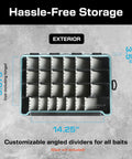 BallistiX Hangr 3.7D Tackle Tray Waterproof Angled Divider System Anti Corrosion Single Latch Clear Lid Lure Box shown with dimensions