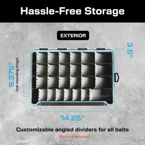 BallistiX Hangr 3.7D Tackle Tray Waterproof Angled Divider System Anti Corrosion Single Latch Clear Lid Lure Box shown with dimensions