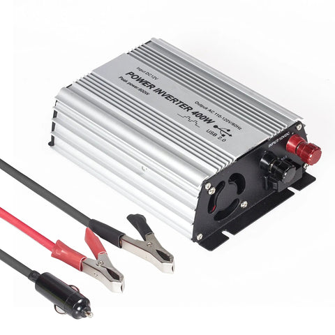 400 Watt Power Inverter DC To AC Converter with USB, featuring durable aluminum casing and clips for car connection.
