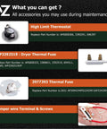 Dryer Heating Element Replacement Kit parts, including high limit thermostat, thermal fuses, and jumper wire terminal for maintenance.