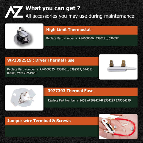Dryer Heating Element Replacement Kit parts, including high limit thermostat, thermal fuses, and jumper wire terminal for maintenance.