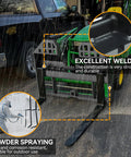 45 Inch Skid Steer Pallet Fork Frame With 48 Inch Fork Blades, 4000 Lb Capacity, shown with welding and spraying close-ups.