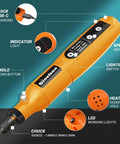 GINELSON cordless rotary tool front view in orange with USB-C charging, LED indicators and chuck