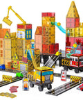 Magnetic Tiles Building Set With Road, Crane And Marble Run Two Sided Construction Site And Fire Station For Kids Ages 4 To 8 STEM Gift For Boys And Girls Totally Awesome showing a vibrant city scene with cranes, tiles, and action figures.