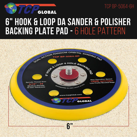 Rock Solid 6 Inch Hook And Loop DA Sander Backing Plate Pad with six hole pattern, medium density polyurethane foam, low profile.