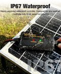 8A 12V Solar Charge Controller with LED display shown on solar panel, wet with water, IP67 waterproof design, visible wiring.