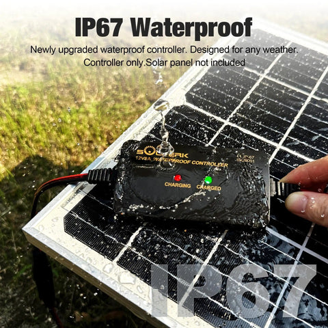 8A 12V Solar Charge Controller with LED display shown on solar panel, wet with water, IP67 waterproof design, visible wiring.