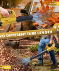 Person using Beast Cordless Leaf Blower With 2.6Ah Battery And Charger, 6 Speed Control, showing short and long tube options, yellow
