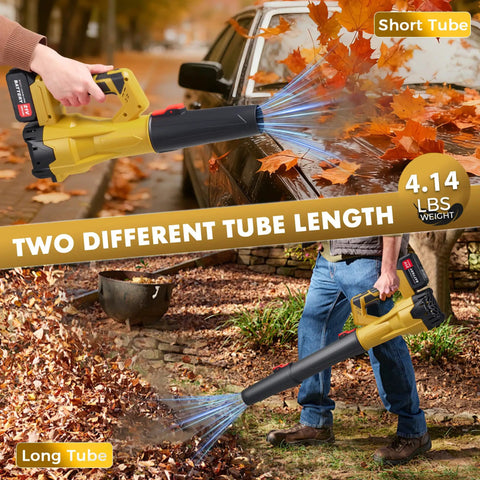 Person using Beast Cordless Leaf Blower With 2.6Ah Battery And Charger, 6 Speed Control, showing short and long tube options, yellow