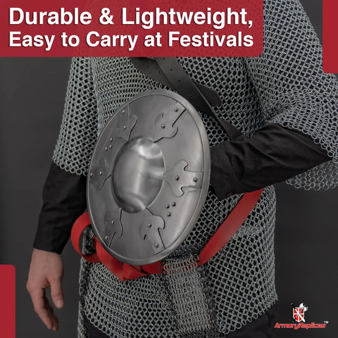 Man wearing Battle Ready Medieval Buckler Shield With 16 Gauge Steel Construction And Arrow Edge Details, costume accessory focus