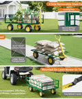 22 Cu Ft Steel Tow Behind Dump Cart for ATVs and UTVs shown with removable panels and loaded with garden supplies on lawn