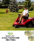 Man mowing lawn on tractor, showcasing 2 Pack Idler Pulley 4-7/8 In Outer Diameter Replaces 753-08171 756-04129 for Cub Cadet and more.
