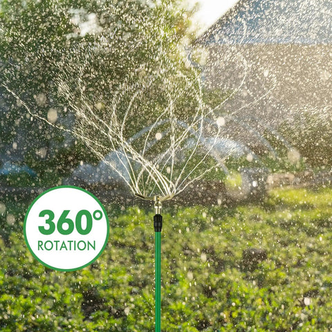 2 Pack 3-Arm Lawn Sprinkler With Adjustable Telescoping Base, 360 Degree Rotation spraying water in garden