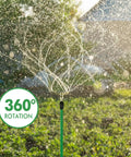Two Pack 3 Arm Sprinkler With Adjustable Telescoping Base And 360 Degree Rotation spraying water on lawn