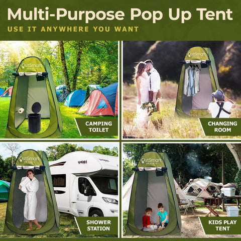 All In One Portable Outdoor Toilet Kit For Camping And RV Travel With Privacy Tent Folding XL Toilet Seat Carry Bags LED Lantern Ropes And Stakes No Fuss Outdoor Setup Ready For Any Camp showcasing multi-purpose pop-up tent options including camping toilet, shower station, changing room, and kids play tent.