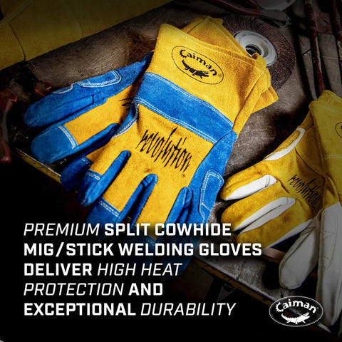 Premium Split Cowhide MIG And Stick Welding Gloves With Wool Lining Kontour Fit Kevlar Protection Blue And Gold Large Size