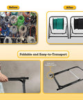 Collage showing before and after using the Single Axle Cable Reel Caddy Built To Last Heavy Duty Industrial Steel Wire Dispenser with foldable design.