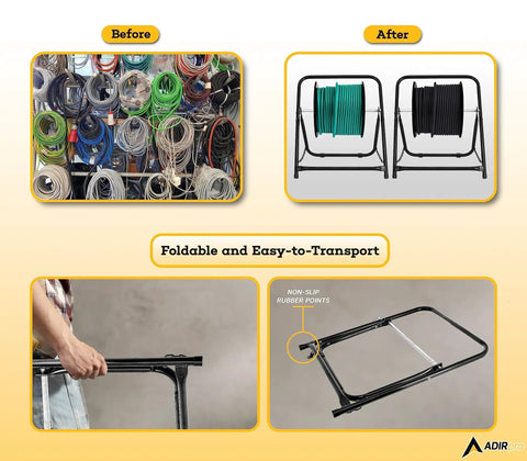 Collage showing before and after using the Single Axle Cable Reel Caddy Built To Last Heavy Duty Industrial Steel Wire Dispenser with foldable design.