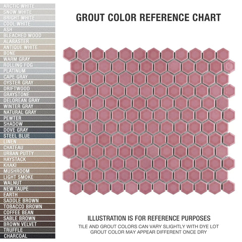 Grout color reference with Tribeca 1 Inch Hex Glossy Blush Porcelain Tile For Floors And Walls, 10-1/4 By 11-7/8 Inch mosaic.