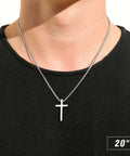 Dope Silver Stainless Steel Cross Necklace For Men, 20 Inch Box Chain Pendant, Hypoallergenic And Lead Free, worn on neck