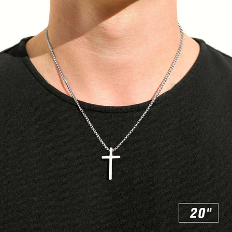 Dope Silver Stainless Steel Cross Necklace For Men, 20 Inch Box Chain Pendant, Hypoallergenic And Lead Free, worn on neck