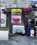 Stainless Steel Pegboard LocBoard Set Of 2 For Garage And Home Storage showing organized cleaning tools and supplies mounted on wall