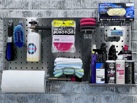Stainless Steel Pegboard LocBoard Set Of 2 For Garage And Home Storage showing organized cleaning tools and supplies mounted on wall