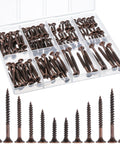 Job Site Ready Wood Screw Assortment Kit, 152 Pieces Bronze Galvanized flat head screws displayed in a plastic organizer box.
