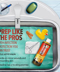 Antiseptic First Aid Solution With Povidone Iodine 10 Percent For Infection Protection Kills Germs In Minor Cuts Scrapes And Burns No Sting Formula No Alcohol Or Hydrogen Peroxide 8 Fl Oz Trusted By Healthcare Professionals bottle next to rubber duck and sink.