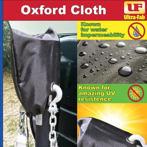 Front view of black Ultra-Fab Oxford cloth power jack cover installed on a trailer jack.