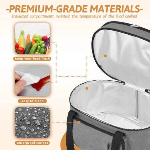 Open insulated double-layer travel bag with spill-resistant exterior and durable handles for 6 to 8 quart oval crock pot.
