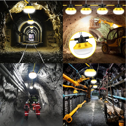 Collage showing LED Construction String Lights 50Ft Industrial Grade Beefy Build For Construction Sites in various tunnel settings.