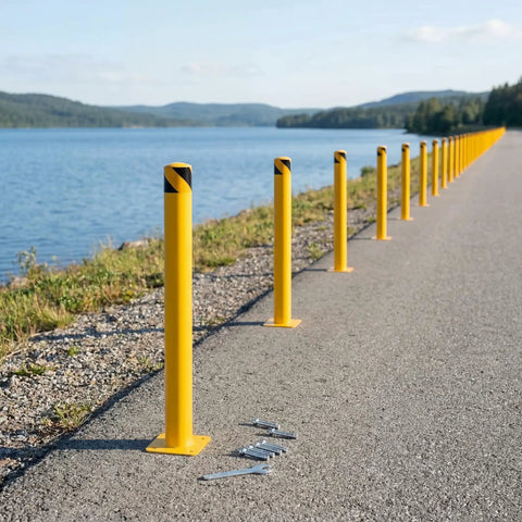 4 Pack 48 Inch Yellow Steel Safety Bollards With 16 Anchor Bolts Built Tough For Driveway Barrier And Storefront Protection Heavy Duty Parking Posts For Smooth Daily Traffic Control by a waterway.