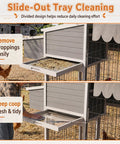 Slide-out tray cleaning feature on Durable Outdoor Chicken Coop With 90 Inch Run For 6 To 10 Chickens Wooden Nesting Box Waterproof Roof Pull On Tray Ramp And Perch Secure Iron Frame Easy Backyard Setup In Gray