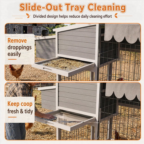 Slide-out tray cleaning feature on Durable Outdoor Chicken Coop With 90 Inch Run For 6 To 10 Chickens Wooden Nesting Box Waterproof Roof Pull On Tray Ramp And Perch Secure Iron Frame Easy Backyard Setup In Gray