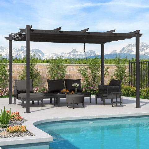 Aluminum Outdoor Pergola With Wind Resistant Frame, Retractable Canopy And Double Sun Shade, Heavy Duty Metal Build For Patio