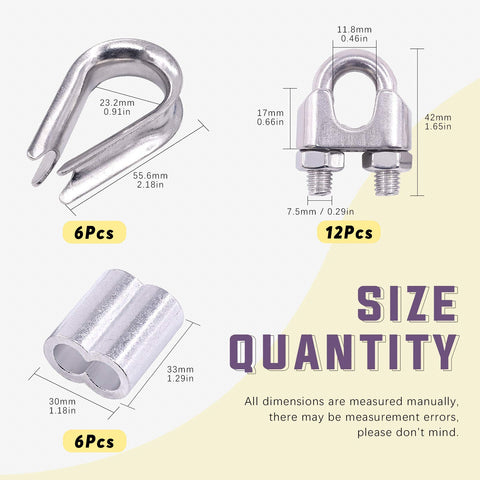Dimensions and quantity of Heavy Duty M10 Wire Rope Accessory Kit With Clip Clamp Thimble And Aluminum Crimp Loop Sleeves 24 Piece Set