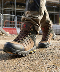 Front view of Men's 6 Inch Waterproof Steel Toe Work Boots Leather Lace Up EH Rated Slip Resistant Outsole on construction site
