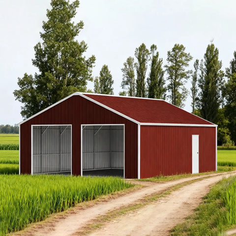 Full Size Metal Garage Shelter 25 By 33 Ft Galvanized Steel Barn Shed with dual wide doors in a rural setting.