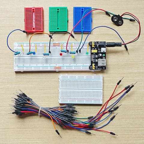 Flexible Wires Included In A Breadboard Kit With 9V Power Module And Dual 5V And 3.3V Outputs For Arduino IoT And STEM Projects Includes 3 Color Coded 170 Tie Point Mini Boards For Quick Prototyping And Easy Debugging, with wires and power module
