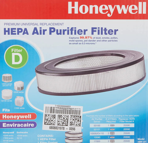 HRF-D1 Universal HEPA Filter Replacement For 10500, 10590, And 17000 Series packaging displaying filter details
