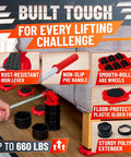 Heavy Duty Appliance Slider lifting a sofa with rust-resistant lever and smooth-rolling wheels, up to 660 lbs capacity.