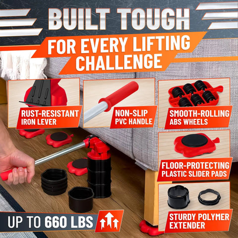 Heavy Duty Appliance Slider lifting a sofa with rust-resistant lever and smooth-rolling wheels, up to 660 lbs capacity.