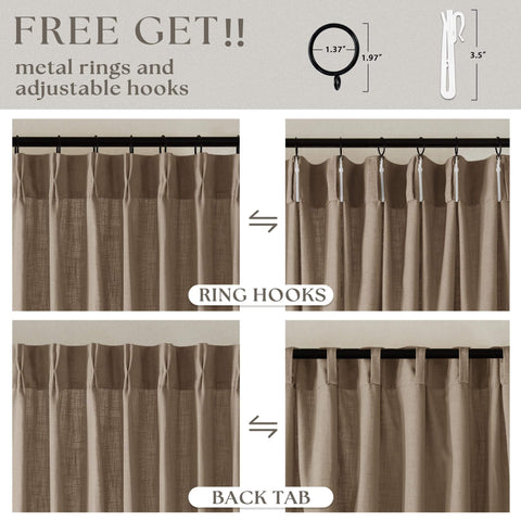 Farmhouse Tan Brown Linen Curtains 102 Inches Long 2 Panels With Pinch Pleat Drape Hooks And Rings For Track System
