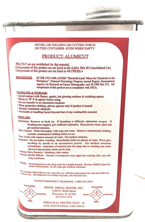 Dope Metalworking Lubricant For Aluminum And Mixed Metals That Slashes Galling And Friction on ALUMICUT can with red label and instructions