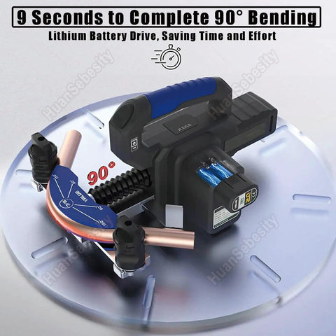 HuanSebesity Electric Pipe Bender For Copper Tube 1/4 To 7/8 Inches showing 90-degree bending action with lithium battery power.