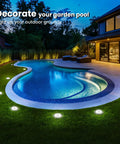 Six Pack Solar Pool Lights For Above Ground Pools Waterproof LED Outdoor Pool Lights Easy Nighttime Safety Illumination Cool White Decoration Set Of Six Energy Saving Quick Install lighting up garden pool.
