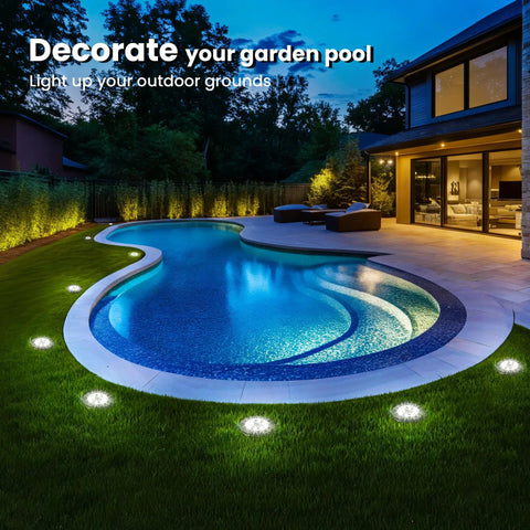 Six Pack Solar Pool Lights For Above Ground Pools Waterproof LED Outdoor Pool Lights Easy Nighttime Safety Illumination Cool White Decoration Set Of Six Energy Saving Quick Install lighting up garden pool.